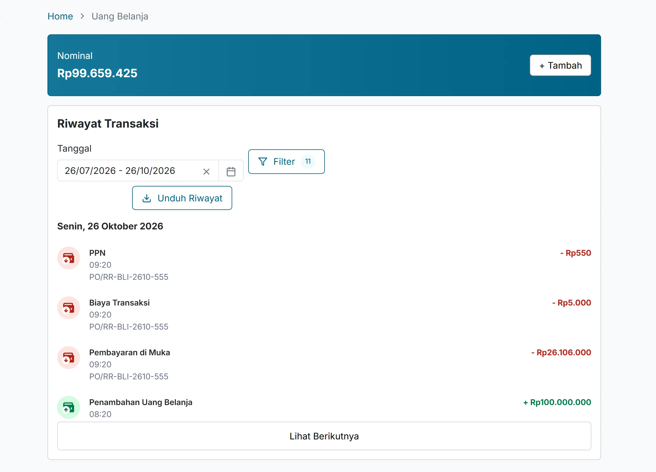 Uang Belanja screen with the balance and a dated history of payments, fees, tax and top-ups