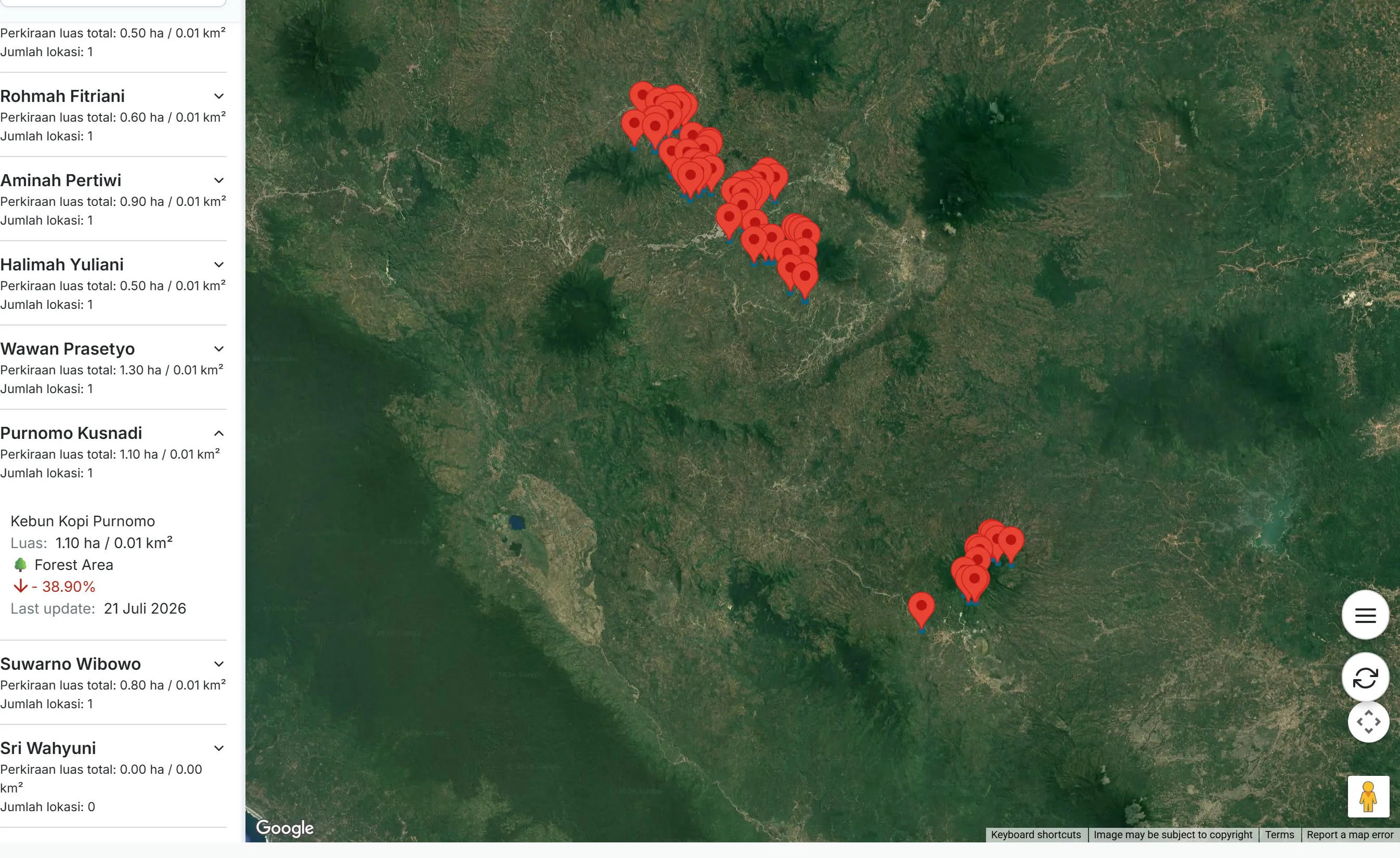 Satellite map with one member’s garden opened, showing a drop in forest area since the last update