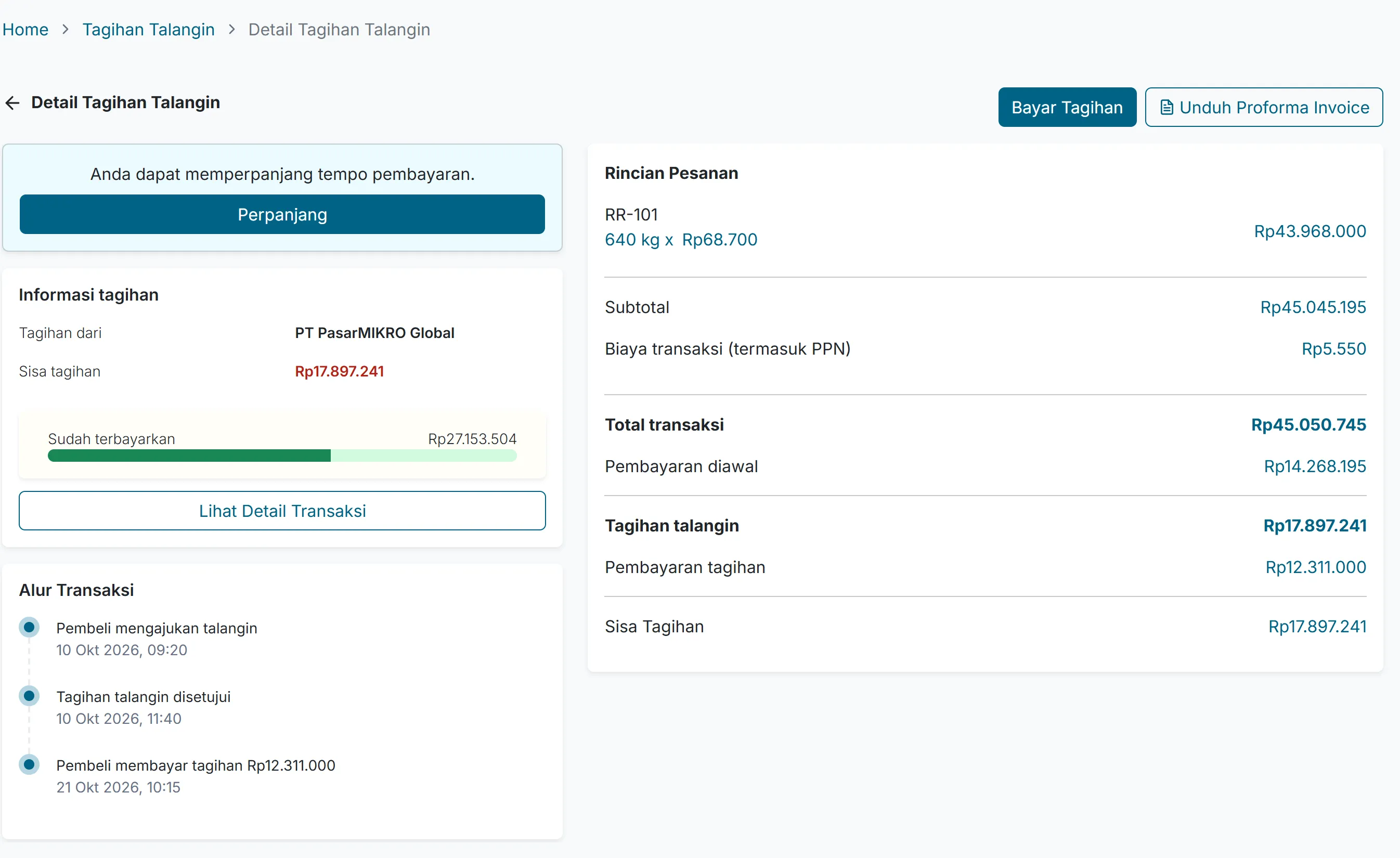 Talangin bill detail with the amount still owed, the share already paid and a timeline of the loan