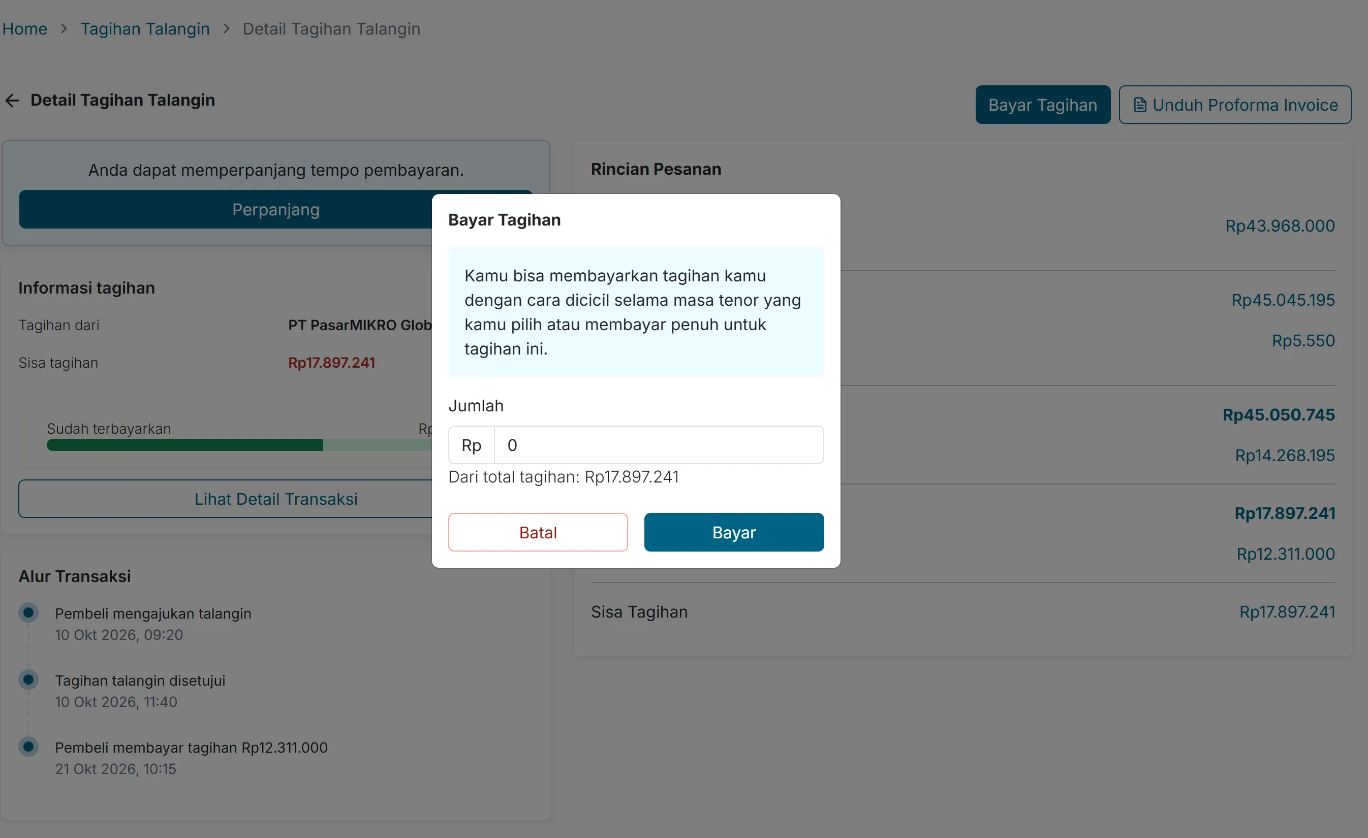 Bayar Tagihan window where the amount to repay is entered, in part or in full