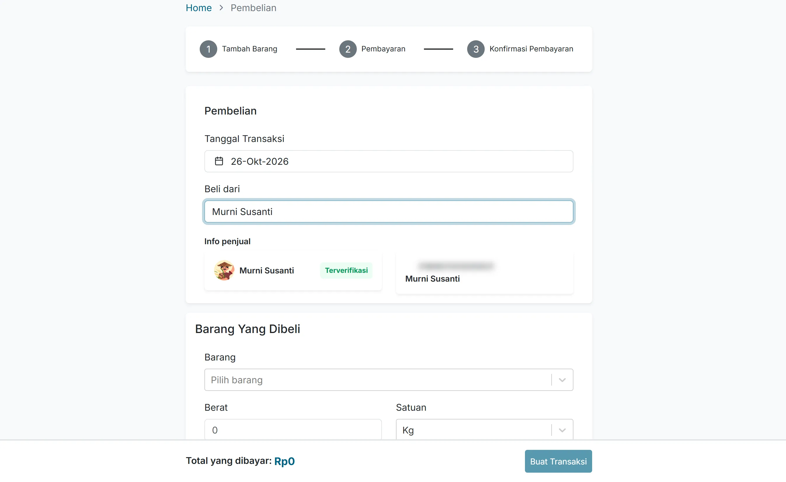 Purchase form with a coffee farmer chosen as the seller and a Terverifikasi (verified) badge